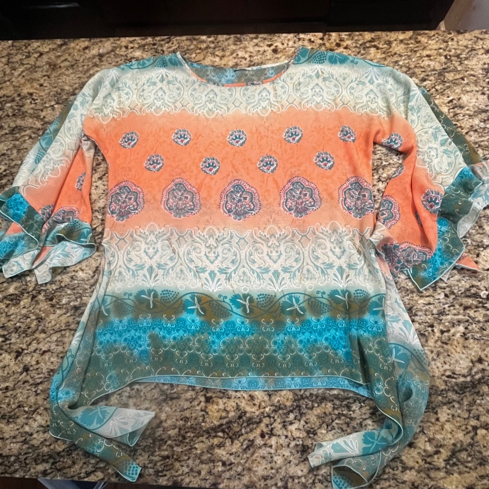 Boho Orange Turquoise Paisley Ombre Bell Sleeve Handkerchief Hem Blouse Top‎ XL